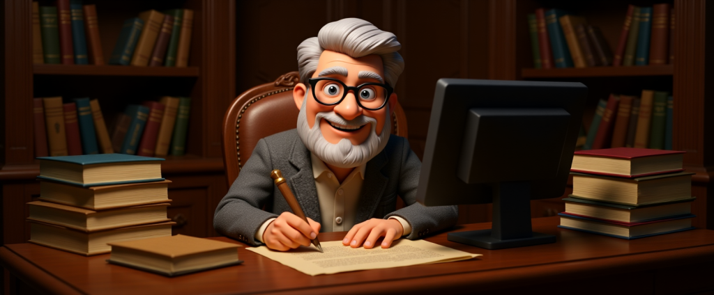 The Ultimate Blog List: Bitcoin for Beginners 1 Walter Ledger writing at a desk surrounded by books.
